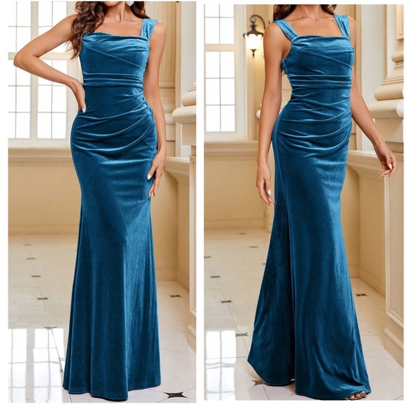 Luxe Velvet Ruched Party Formal Wedding Black Tie Maxi Dress - Picture 5 of 6